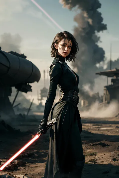 (masterpiece, best quality, unity 8k wallpaper, highres, absurdres, background), depth of field, perfect lighting, cinematic shadows, BREAK
(super_perfect_good anatomy head face fingers arms hands limbs legs, slender, constricted waist), solo, BREAK
(super_beautiful_detailed 1girl gigantic_long_sagging_breastss brown_short_hair face green_eyes nose mouth skin sthoutfit clothes decoration holding_lightsaber face_paint, <lora:sthoutfitV2:0.7>, battlefield, damage, scratches, dust, beam, barrage, pose scenery background wonderful_match_fantasy:1.2)