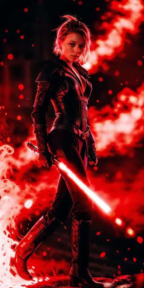 ivannaSak1, Ivanna Sahkno angry and beauty skinny woman dressed in sthoutfit, on lava, blond hair, holding lightsaber, sexy fighting stand <lora:sthoutfitV2:0.7> looking at cameraman