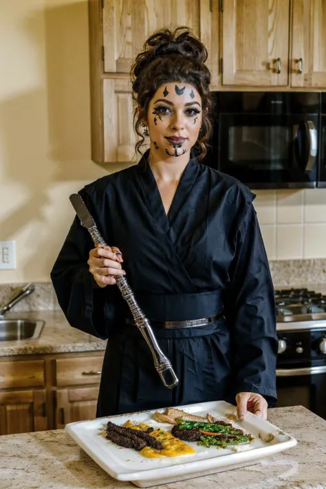 woman in (sthoutfit:1.3) ,cooking dinner,face paint<lora:sthoutfitV2:0.8>