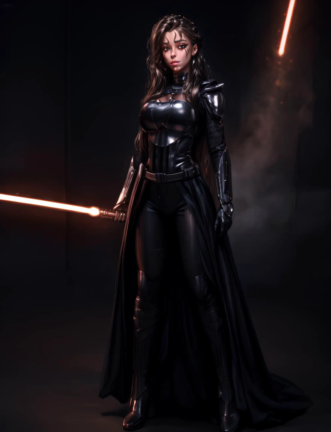 Ultra-realistic 8k CG, masterpiece, best quality, (very detailed face),masterpiece, best quality, 1girl, 20 years old, woman, colorful, (full body, wide shot), <lora:more_details:0.8> <lora:th3p1t_b:0.6> th3p1t <lora:sthoutfitV2:0.8> sthoutfit, dark room, face paint, lightsaber,