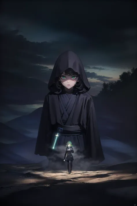 masterpiece, best quality, ultra-detailed, illustration, epic lighting, cinematic composition, (low key, dark theme:1.2), (finely detailed beautiful eyes: 1.2), 1girl, tatsumaki, flat chest, sthoutfit, hood up,(lightsaber, holding lightsaber, green lightsaber:1.2), green eyes, (glowing eyes:1.3), arms at sides, annoyed, closed mouth, piercing gaze, (looking at viewer:1.1), full body, walking, focus on the eyes, outdoors, night, (glowing in the dark, emerging from the shadows, dark, darkness, pitch black, shadows, shaded face:1.4), (8k:1.1), <lora:tatsumakiOnePunchMan_v10:1> <lora:lowra_v10:0.8> <lora:starWarsSithOutfit_v20:0.9>