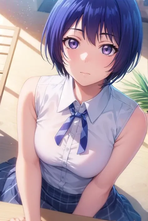ainayoshizawa, <lora:aina yoshizawa s1-lora-nochekaiser:1>,
aina yoshizawa, short hair, blue hair, (purple eyes:1.1),
BREAK skirt, sleeveless, socks, shirt, white shirt, collared shirt, ribbon, neck ribbon,
BREAK outdoors, beach,
BREAK looking at viewer, (cowboy shot:1.5),
BREAK <lyco:GoodHands-beta2:1>, (masterpiece:1.2), best quality, high resolution, unity 8k wallpaper, (illustration:0.8), (beautiful detailed eyes:1.6), extremely detailed face, perfect lighting, extremely detailed CG, (perfect hands, perfect anatomy),