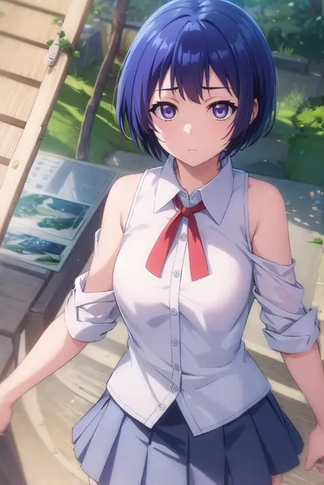 ainayoshizawa, <lora:aina yoshizawa s1-lora-nochekaiser:1>,
aina yoshizawa, short hair, blue hair, (purple eyes:1.1),
BREAK skirt, sleeveless, socks, shirt, white shirt, collared shirt, ribbon, neck ribbon,
BREAK outdoors, beach,
BREAK looking at viewer, (cowboy shot:1.5),
BREAK <lyco:GoodHands-beta2:1>, (masterpiece:1.2), best quality, high resolution, unity 8k wallpaper, (illustration:0.8), (beautiful detailed eyes:1.6), extremely detailed face, perfect lighting, extremely detailed CG, (perfect hands, perfect anatomy),