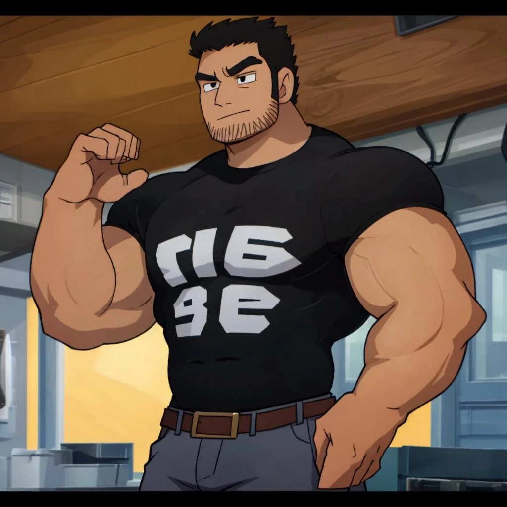 best quality, 4k, male, lucaslee, 1boy, <lora:lucaslee-10:1>, black shirt, jeans, flexing, tight shirt,