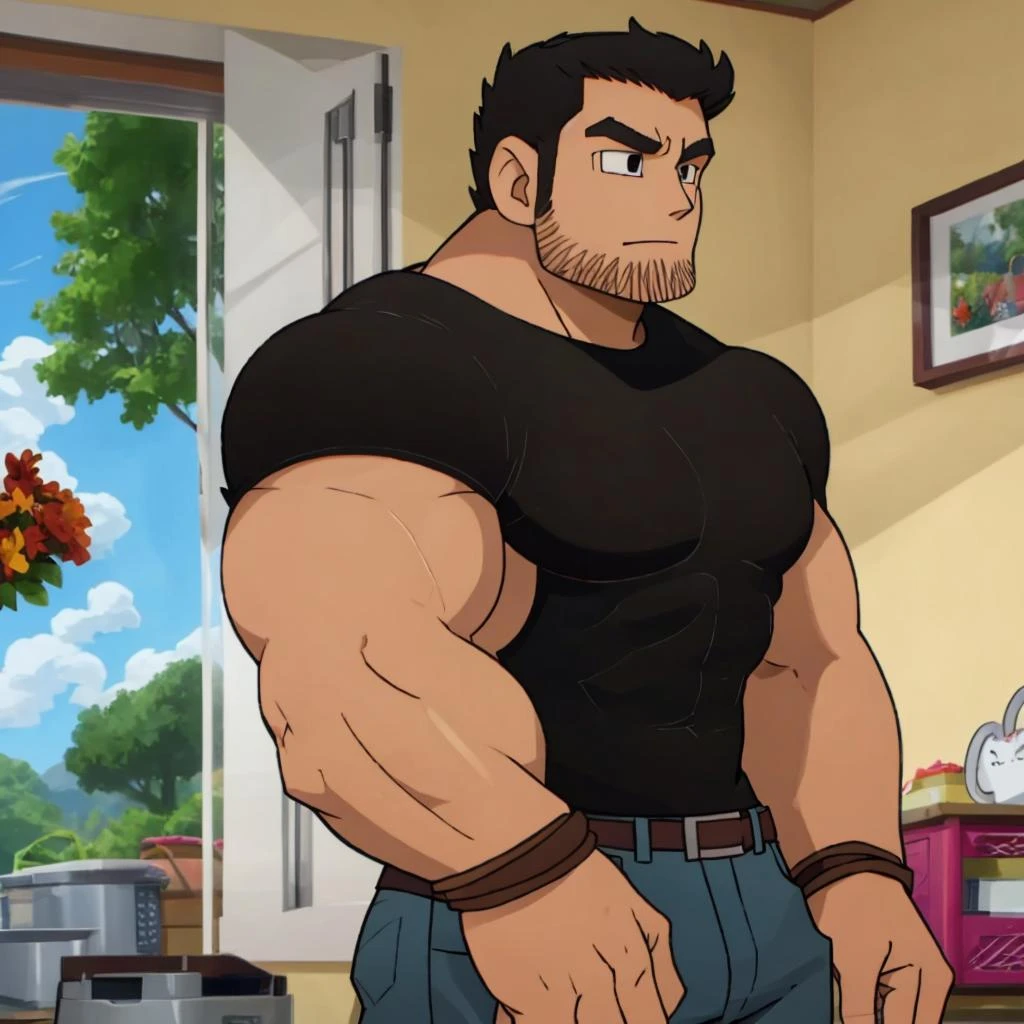 best quality, 4k, male, lucaslee, 1boy, <lora:lucaslee-10:1>, black shirt, jeans, flexing, tight shirt,