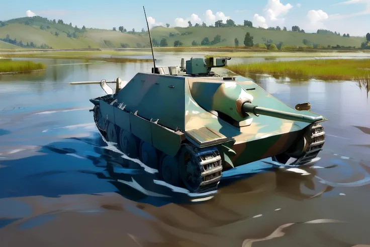 masterpiece, best quality, tw2k4estyle, an armored personnel carrier fording a river, apc, highly detailed, intricate background, caterpillar tread, vehicle focus  <lora:twilight2000-beta3-clpskp2-000018:0.95>