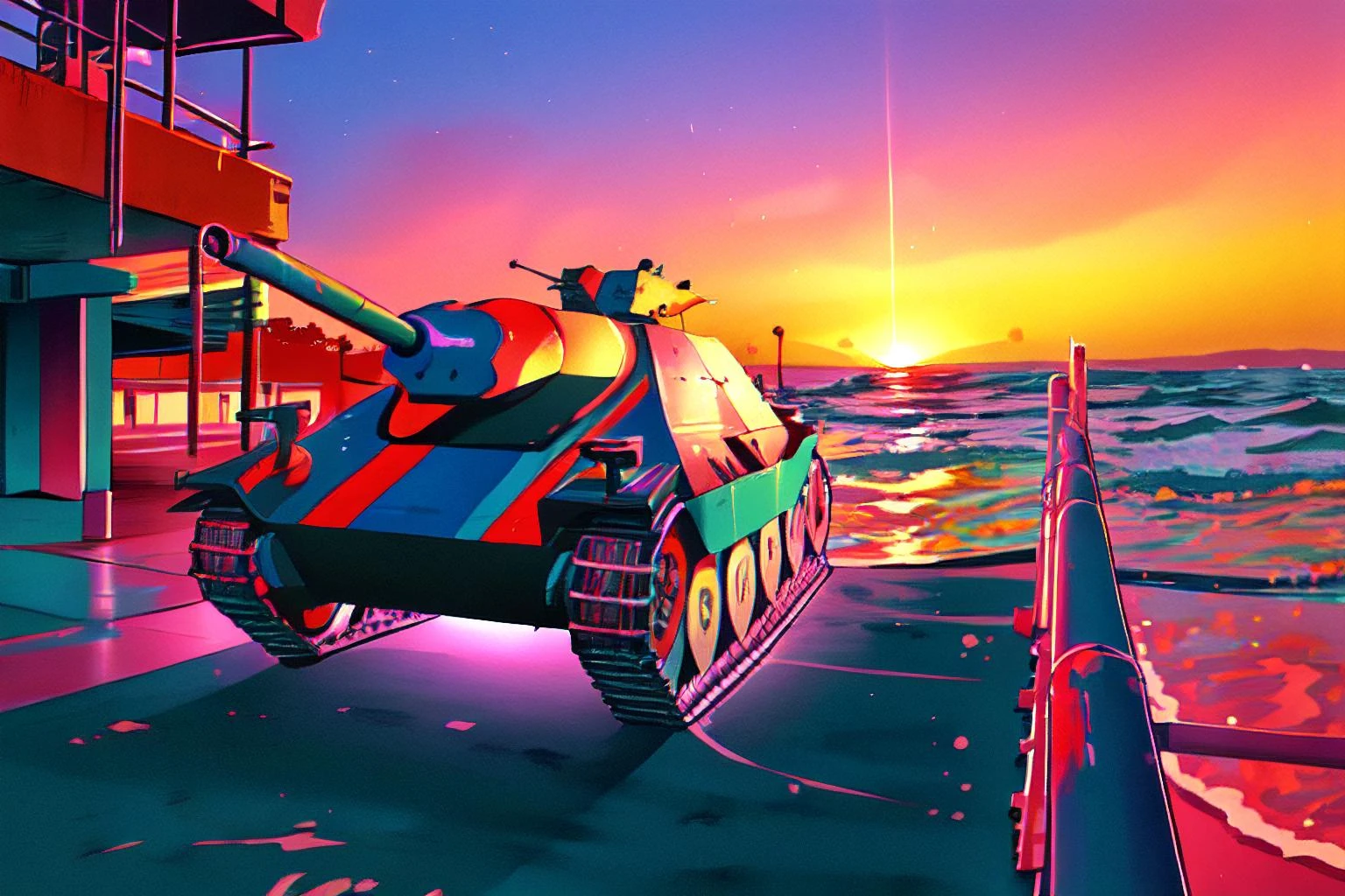 hetzer, synthwavepunk, paint splashes, vivid, neon, colors, sunset, santa monica pier, 80s style,