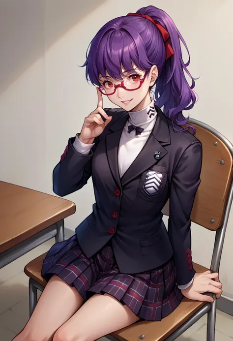 score_9, score_8_up, source_anime, 1girl, solo, purple hair, ponytail, red eyes, glasses, GirlUniform, shuujin academy school uniform, black jacket, plaid skirt, sitting, on chair, smile, <lora:ChamShuujinAcademyUniformPonyXL:1>