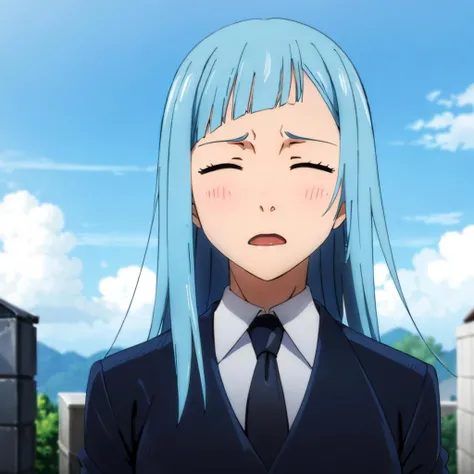 masterpiece,high quality,solo,outdoors,
<lora:KasumiMiwa003:0.7>,
KasumiMiwa,1girl,
black suit,necktie,
closed eyes,frown,open mouth,parody,