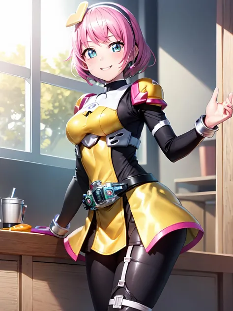(extremely detailed CG), (best quality), 1girl, perfect face, shiny skin, lustrous skin, wide hips, narrow waist, lora:kamenrider_pipopapo-08:0.8> poppy pipopapo,Smile, hat <lora:PoppyRider-10:0.6> Poppyrider, bodysuit, torn clothes,standing, wink, rider belt,indoors,skirt,