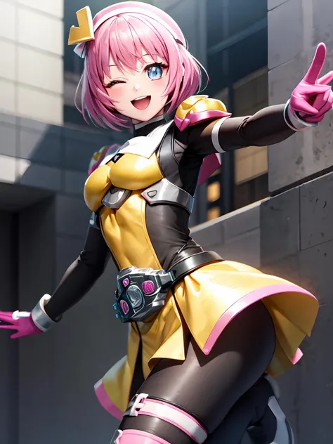 (extremely detailed CG), (best quality), 1girl, perfect face, shiny skin, lustrous skin, wide hips, narrow waist, lora:kamenrider_pipopapo-08:0.8> poppy pipopapo,Smile, hat <lora:PoppyRider-10:0.6> Poppyrider,pink gloves, bodysuit, torn clothes,standing, open mouth, smile, rider belt,hospital background ,skirt,shoulder armor, victory pose, one eye closed,