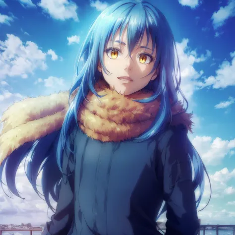 masterpiece, (photorealistic:1.4), best quality, beautiful lighting  photo of rimuru tempest, 1boy, long hair, blue coat, fluffy scarf, yellow eyes, sunny, clouds, wearing a jacket, cyberpunk setting,  RAW photo, 8k uhd, film grain <lora:rimuru tempest NED:0.75>