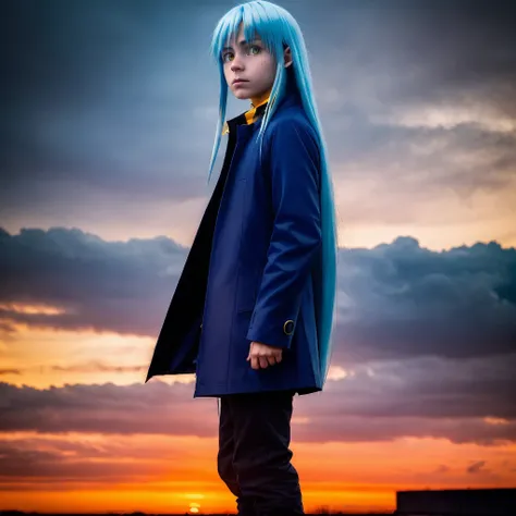 masterpiece, (photorealistic:1.4), best quality, beautiful lighting, wide view, haft body portrait of a guy, rimuru tempest, (blue coat), {1boy|1girl}, long blue hair, long face, (yellow eyes), sunset, clouds, cyberpunk,  RAW photo, 8k uhd, film grain <lora:rimuru tempest NED:0.55>
