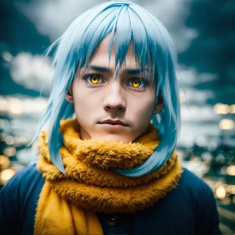 masterpiece, (photorealistic:1.4), best quality, beautiful lighting, portrait a guy, rimuru tempest, 1boy, long blue hair, fluffy scarf, (yellow eyes), twilights, clouds, cyberpunk setting, RAW photo, 8k uhd, film grain <lora:rimuru tempest NED:0.6>