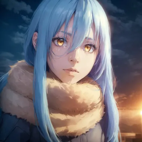 masterpiece, (photorealistic:1.4), best quality, beautiful lighting, portrait a guy, rimuru tempest, 1boy, long blue hair, fluffy scarf, yellow eyes, twilights, clouds, cyberpunk setting, RAW photo, 8k uhd, film grain <lora:rimuru tempest NED:0.65>