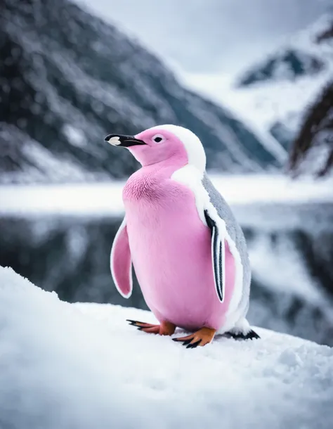 cinematic, photo of a real pink penguin in a snow landscape, photography, clouds, nature, bokeh, f1.8, cinematic lighting, entered composition