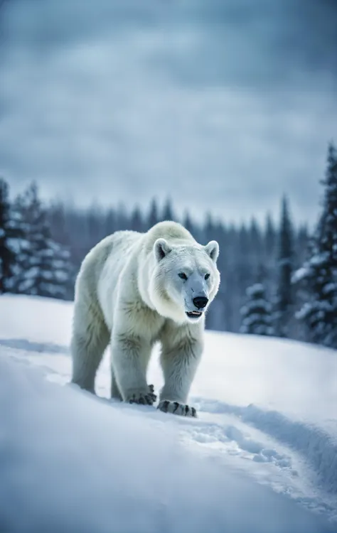 cinematic, photo of a real tabby white polarbear sabertooth hulk monster in a snow landscape, northernlights, photography, clouds, nature, bokeh, f1.8, cinematic lighting, entered composition