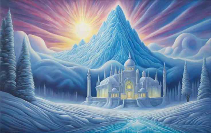 cinematic, old cracked painting of a giant ancient temple of light and ice and vibrance in a snow landscape, northernlights, old painting, oil painting, carravagio, alex grey, old painting, clouds, nature, cinematic lighting, entered composition, psychedelic