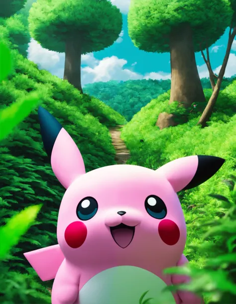 cinematic, a pink pikachu in a forest, photography, clouds, nature, bokeh, f1.8, cinematic lighting, entered composition