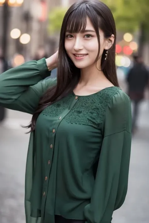 1girl,(wearing a deep green blouse:1.2),(RAW photo, best quality), (realistic, photo-realistic:1.4), masterpiece, an extremely delicate and beautiful, extremely detailed, 2k wallpaper, Amazing, finely detail, extremely detailed CG unity 8k wallpaper, ultra-detailed, highres, soft light, beautiful detailed girl, extremely detailed eyes and face, beautiful detailed nose, beautiful detailed eyes,cinematic lighting,city lights at night,perfect anatomy,slender body,smiling <lora:fujitasaki_lora:0.7>