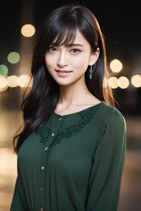 1girl,(wearing a deep green blouse:1.2),(RAW photo, best quality), (realistic, photo-realistic:1.4), masterpiece, an extremely delicate and beautiful, extremely detailed, 2k wallpaper, Amazing, finely detail, extremely detailed CG unity 8k wallpaper, ultra-detailed, highres, soft light, beautiful detailed girl, extremely detailed eyes and face, beautiful detailed nose, beautiful detailed eyes,cinematic lighting,city lights at night,perfect anatomy,slender body,smiling <lora:fujitasaki_lora:0.7>