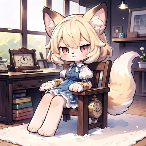 chibi,fox girl, red eyes,(steampunk frilled  dress), blonde hair, <lora:hanme:1> ,sitting chair, (watercolor:1.2),furry,(steampunk:1.1),(Pads:1.1),hands,open hands,knee pads,around many clock,fox tail,:3, barefoot, antique,