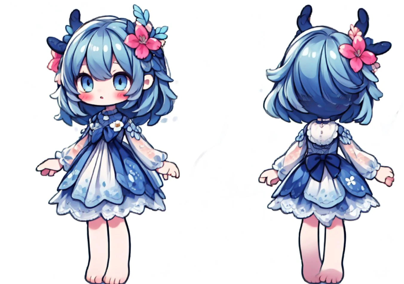 <lora:character-sheet-03:1.3> chara-sheet, chibi, blush, simple background <lora:kaibastylev2:1> kaibacharacter, blue hair, antlers, bare feet <lora:FlowersFashion:.8> flowersfashion, (masterpiece:1.5, best quality), 8k wallpaper, highres, high resolution,HDR.UHD,Highly detailed, extreme detail <lora:GoodHands-beta2:0.8>