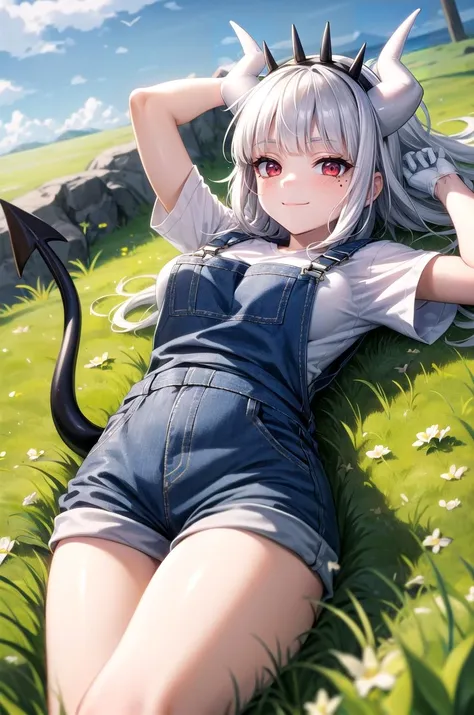 (masterpiece, best quality, detailed), 1girl, solo, lucifer, horns, demon girl, demon horns, mole, mole under eye, white horns, tail, demon tail, large breasts, blunt bangs, long hair,
overalls, white shirt, short sleeves, white gloves, lying, on stomach, legs up, outdoors, grass, day, smile, closed mouth