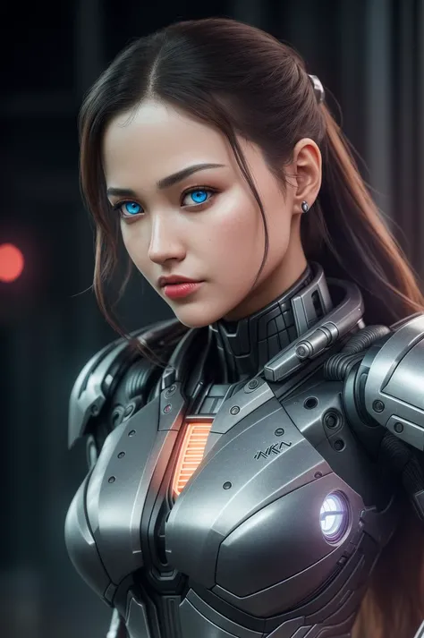 ((best quality)), ((masterpiece)), (detailed), Midjourney Style, close-up, woman, robot, red eyes, concept art, inspired by Marek Okon, digital art, Crysis Nanosuit, futuristic, (glowing elements:1.1), 4:3 aspect ratio, dynamic duo, hyperdetailed, hyperrealism, detailed eyes, bright blue eyes, glossy red lipstick, ((best quality)), ((masterpiece)), (detailed), 8k uhd, Nikon 70d, ISO200, F/2.8, 1/25sec, 70mm