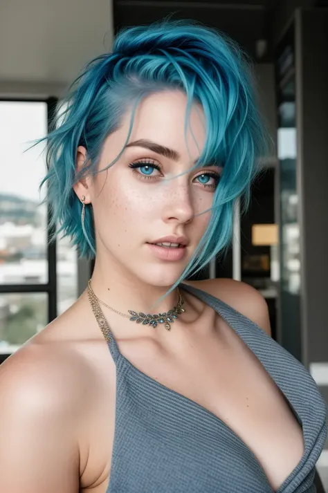 A woman in her 20s, looking at the camera, she has freckles, blue eyes, she has Lush blue hair, tattoos on neck, wearing a black hoodie, hyperdetailed, hyperrealism, ((best quality)), ((masterpiece)), (detailed), 8k uhd, Nikon 70d, ISO200, F/2.8, 1/25sec, 70mm