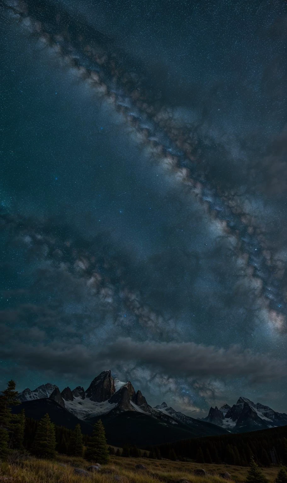 A photo of the starry night sky, sorounded by mountains and trees, Ansel Adams style: A photo of the starry night sky, surrounded by mountains and trees. The Milky Way galaxy stretches across the sky, with millions of stars twinkling in the darkness. The mountains in the foreground are majestic, with their peaks reaching towards the sky. The trees are tall and lush, with their branches reaching up towards the stars. The photo is hyperdetailed, capturing every star and the texture of the trees and mountains. Shot in 8k UHD, with ISO200, F/2.8, 1/25sec, 70mm lens, this masterpiece is incredibly detailed, with hyperrealistic features and a focus on the beauty of nature. The lighting is natural, with the stars providing the only light in the darkness. The photo is a stunning display of the beauty of the night sky and the natural world.