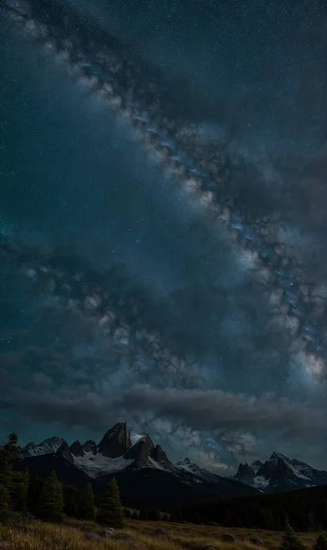 A photo of the starry night sky, sorounded by mountains and trees, Ansel Adams style: A photo of the starry night sky, surrounded by mountains and trees. The Milky Way galaxy stretches across the sky, with millions of stars twinkling in the darkness. The mountains in the foreground are majestic, with their peaks reaching towards the sky. The trees are tall and lush, with their branches reaching up towards the stars. The photo is hyperdetailed, capturing every star and the texture of the trees and mountains. Shot in 8k UHD, with ISO200, F/2.8, 1/25sec, 70mm lens, this masterpiece is incredibly detailed, with hyperrealistic features and a focus on the beauty of nature. The lighting is natural, with the stars providing the only light in the darkness. The photo is a stunning display of the beauty of the night sky and the natural world.