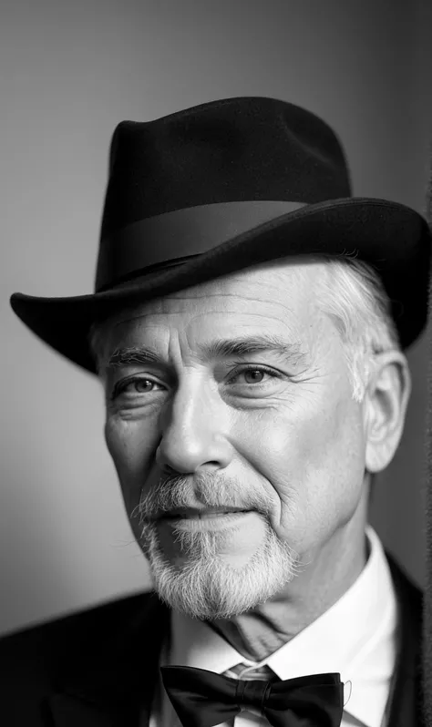 An up-close photo of a distinguished man in his 60s, reminiscent of Ansel Adams' iconic black and white landscapes. He wears a well-tailored suit and a classic fedora, exuding timeless elegance. His weathered face tells a story of wisdom and experience, with prominent laugh lines and a neatly trimmed salt-and-pepper beard. The sharp details of his face capture the essence of life's journey, enhanced by the dramatic play of light and shadows. Shot in majestic monochrome, this portrait reveals the man's character in hyperrealistic detail, paying homage to Adams' masterful craftsmanship.((best quality)), ((masterpiece)), (detailed), 8k uhd, Nikon 70d, ISO200, F/2.8, 1/25sec, 70mm.