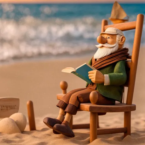 Ernest Hemingway wood puppet, carved wooden puppet, ((wood texture)), writing a novel on the beach, 4k, hd