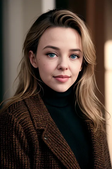 photo of (y0ungkyli3:0.99), a woman, RAW, close portrait photo, long brown coat, turtleneck sweater, trousers, (high detailed skin:1.2), 8k uhd, dslr, soft lighting, high quality, film grain, Fujifilm XT3 sharp focus, f 5.6