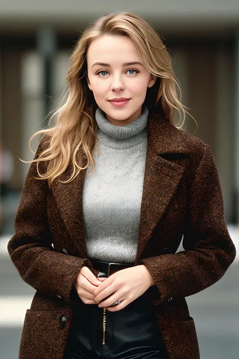 photo of (y0ungkyli3:0.99), a woman, RAW, close portrait photo, long brown coat, turtleneck sweater, trousers, (high detailed skin:1.2), 8k uhd, dslr, soft lighting, high quality, film grain, Fujifilm XT3 sharp focus, f 5.6, holding a purse