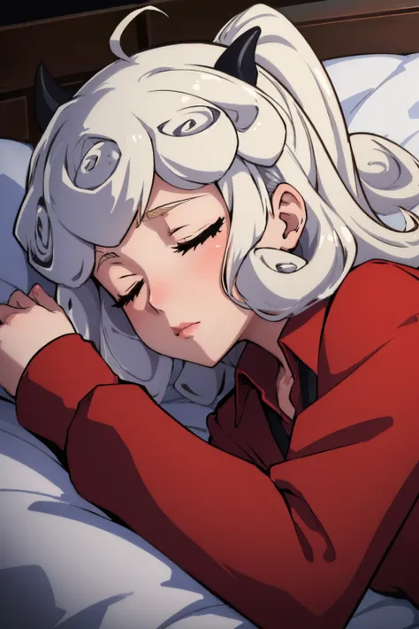 (masterpiece, best quality:1.2), solo, 1girl, htpandemonica, sleeping, lying, on side, closed eyes, red shirt, collared shirt, bed <lora:helltaker_pandemonica:0.8>