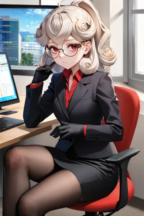 (masterpiece, best quality:1.2), solo, 1girl, htpandemonica, expressionless, looking at viewer, sitting, office chair, glasses, formal, suit, black jacket, red shirt, black gloves, black skirt <lora:helltaker_pandemonica:0.8>