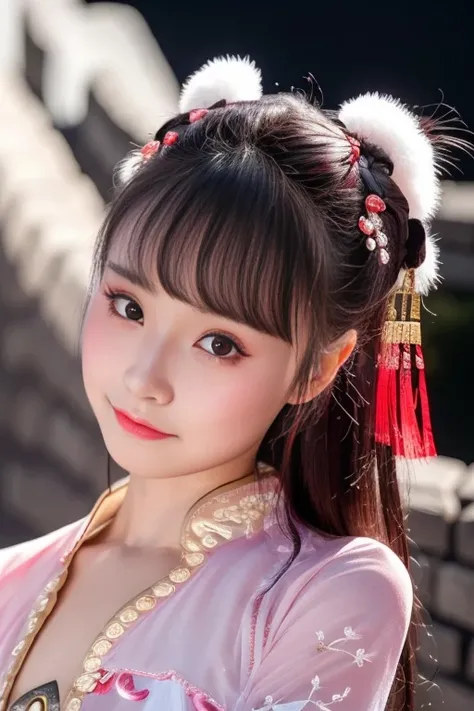 <lora:xiaodan:0.85>, Chinese theme, raw color photo, medium shot, realistic, 1girl, a 21-years-old girl, on great wall, hanfu, best quality, detailed eyes, beautiful and symmetrical face, slim body, small breast, innocent expression, pureerosface_v1, photorealistic, lighting, nighttime, dynamic_color_range