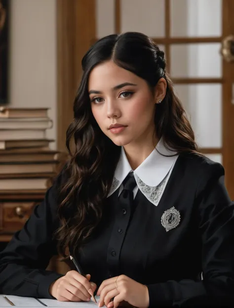photo of Jen_na woman. wearing a black school teachers uniform, leaning on a desk, extremely detailed, intricate detail, fine detail, careful detail, up close portrait, masterpiece, best quality, ultra-detailed <lora:JennaOrtegaXL:0.8> <lora:add-detail-xl:1>