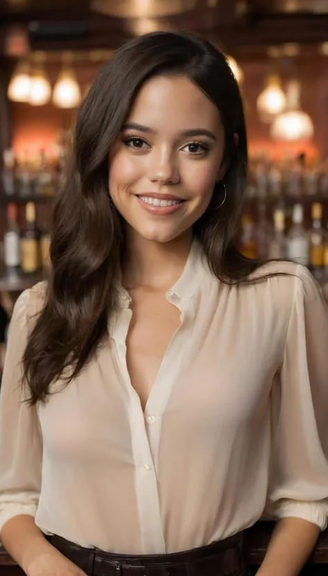 (nsfw:1.5), photography of a stunning girl, laughing with a great smile, Fully nude, natural bust, wavy hair, Alone in at a bar fancy nightclub, hairy beautiful pussy, intense look and makeup, smiling, looks into the camera, symmetrical eyes, symmetrical face, photorealistic, photography, path tracing, specular lighting, volumetric face light, path traced hair, visible shadows, intricate, elaborate, hyper realistic