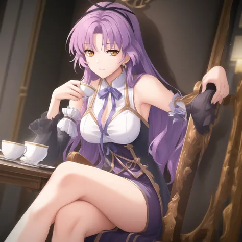 adult renne siting down on a luxurious chair in front of a table, holding a nice cup of tea, very stylish, barroque, on a luxurious palace, looking super elegant and royal, masterpiece, best quality, extremely detailed CG unity 8k wallpaper