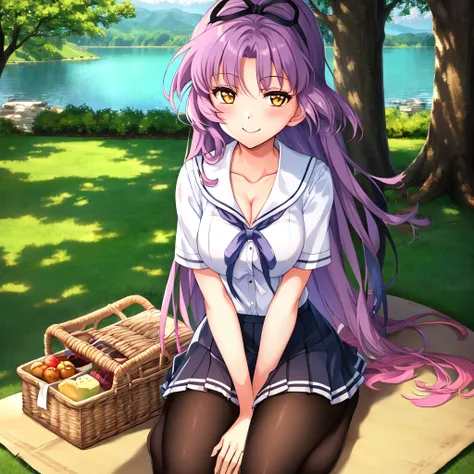 renne \(eiyuu densetsu\),1girl,masterpiece, best quality,school uniform,black legwear,pantyhose, light smile, looking at viewer, school,stand \(jojo\), fullbody,long hair, black hair ribbon,blush, sitting in tree, dappled sunlight, cleavage, of breasts, hand between legs, lake, flower flakes,picnic basket, picnic mat