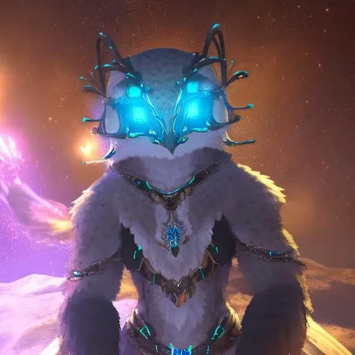 bionic, owl, bird, glowing eyes,  <lora:SnowOwl:1>, kkw-fur:1, looking at viewer,