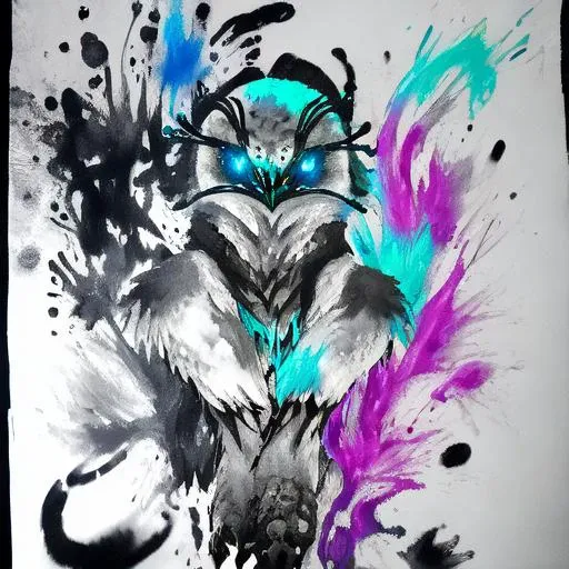 hyperdetailed, detailed bionic mask, bionic, owl, bird, glowing eyes, <lora:SnowOwl:1>, kkw-fur:1, looking at viewer, <lora:zyd232_ChineseInkStyle_v1_0:1>, ink splash, ink work, ink drawing, zydink, ink sketch, (ink art, ink illustration, ink, rough:1.4), flowing into ink, swirling ink, (colorful, multicoloured:1.3), ((abstract)), (flowing lines),<lora:more_details:0,5>,