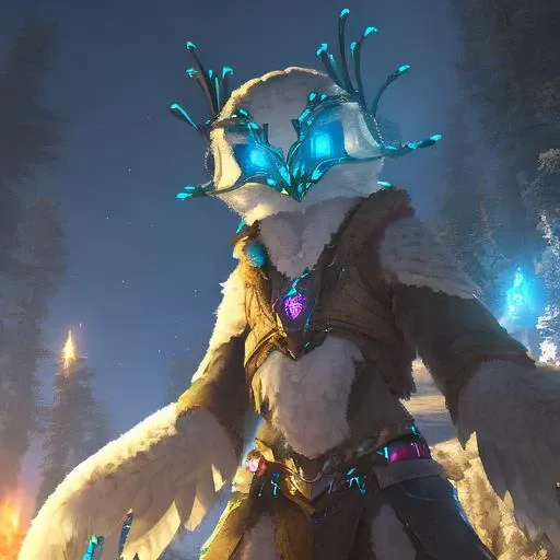 bionic, owl, bird, glowing eyes,  <lora:SnowOwl:1>, kkw-fur:1, looking at viewer,