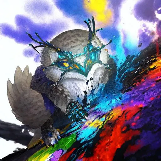 bionic, owl, bird, glowing eyes,  <lora:SnowOwl:1>, kkw-fur:1, looking at viewer, <lora:zyd232_ChineseInkStyle_v1_0:1>, ink splash, chinese ink style, inktober, abstract, ink work, japanese art, ink drawing, zydink, ink sketch, (ink art, ink illustration, ink, rough:1.4), flowing into ink, swirling ink, (colorful, multicoloured:1.3), ((abstract)), (flowing lines), flowing colourful water, magic, epic, wonderful art, masterpiece, oleo, water drops, spot color, splash of color, splash art, disolving, dispersing, made of ink, slime, wakamezake, melting <lora:more_details:0,5>,