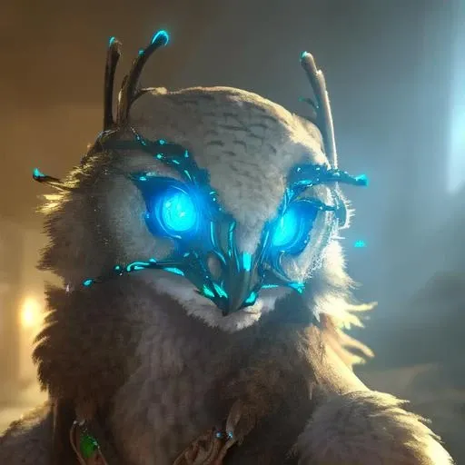 bionic, owl, bird, glowing eyes, <lora:SnowOwl-08:1>, kkw-fur:1, looking at viewer,