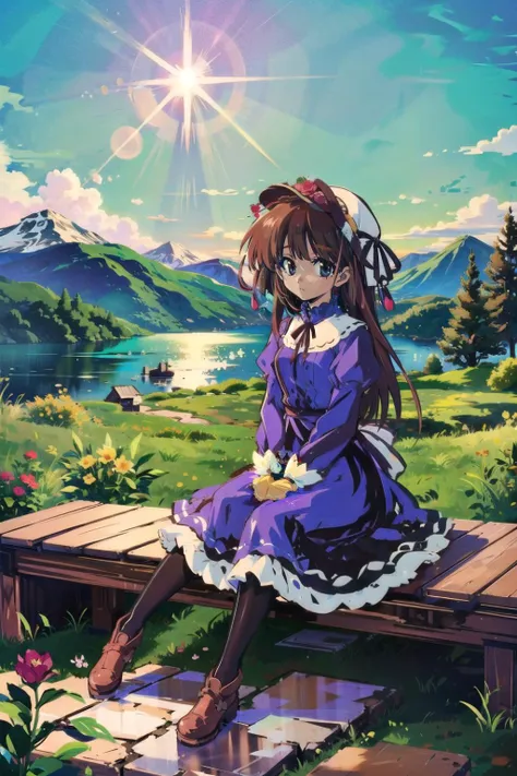 masterpiece, best quality, winter, snow field,
1girl, bangs, blue eyes, blunt bangs, bonnet, brown footwear, brown hair, dress, frills, fruit, full body, hat, long hair, long sleeves, looking at viewer, pantyhose, purple dress, red flower, red rose, rose, shoes, sitting, solo,
sky, sun, mountain, forest, lake,