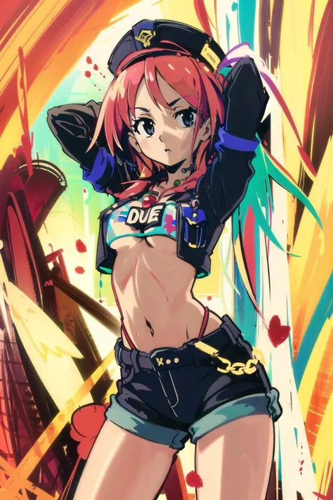 ((((best quality))), (((ultra detailed))), (((masterpiece))), illustration,(Magazine cover-style illustration of a fashionable woman in a vibrant outfit), posing in front of a colorful and dynamic background. She has a confident expression and is holding a statement accessory, The text on the cover should be bold and attention-grabbing, with the title of the magazine and a catchy headline. The overall style should be modern and trendy, with a focus on fashion and lifestyle), wall paper,crowds,fashion,Lipstick,ray tracing,depth of field, street,in public,day 1girl,solo,looking at viewer, glossy skin, contrapposto, navel, midriff, necklace, female focus,model,medium breasts, ,street,in public,police hat, police uniform, handcuffs,short shorts, arms crossed, cool, see-through, school uniform,jitome, ,underboob,floating hair, sexy ,fine fabric emphasis
